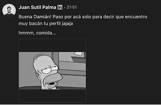 Mensaje de Juan Sutil Palma elogiando la página de Damián
