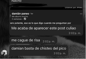 Conversación con Nacho riéndose de una publicación de Damián
